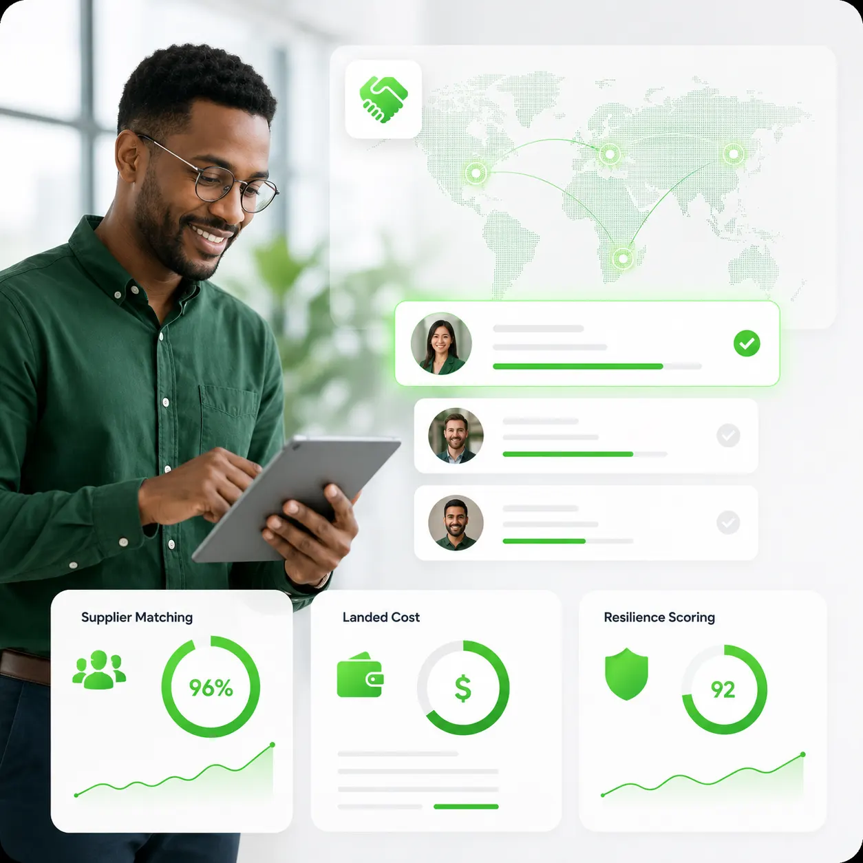 Supplier discovery dashboard showing reliability, sourcing fit and cost comparison across vendors