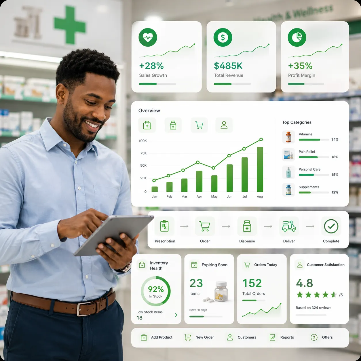 Business owner reviewing a live retail intelligence dashboard with orders, inventory and demand signals